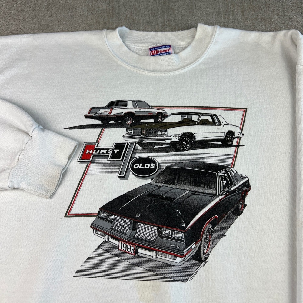 Vintage 90s Hurst Oldsmobile‎ 1983 Graphic Sweatshirt Men's Large White Cars VTG